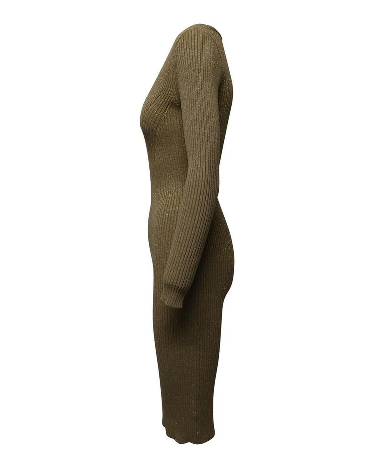 Fitted Ribbed Knit Midi Dress in Metallic Gold Viscose