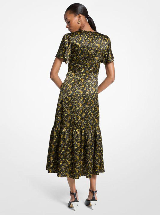 Floral Hammered Satin Midi Dress