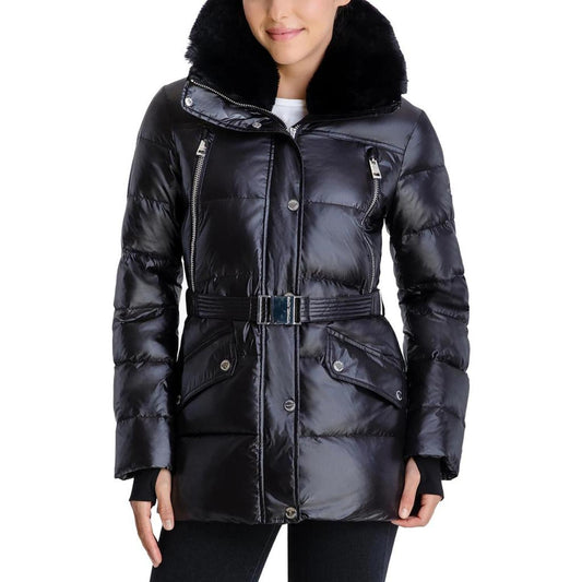 Michael Kors Black Shiny Down Belted Faux Fur Collar Quilted Coat Jacket