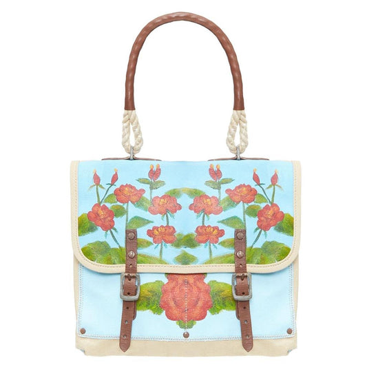WWII hand painted rose print leather satchel tote bag