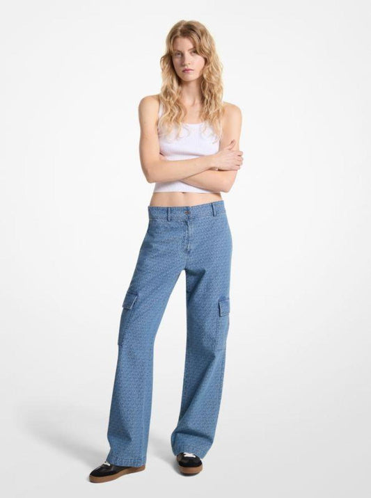 Logo Jacquard Denim Cargo Pants