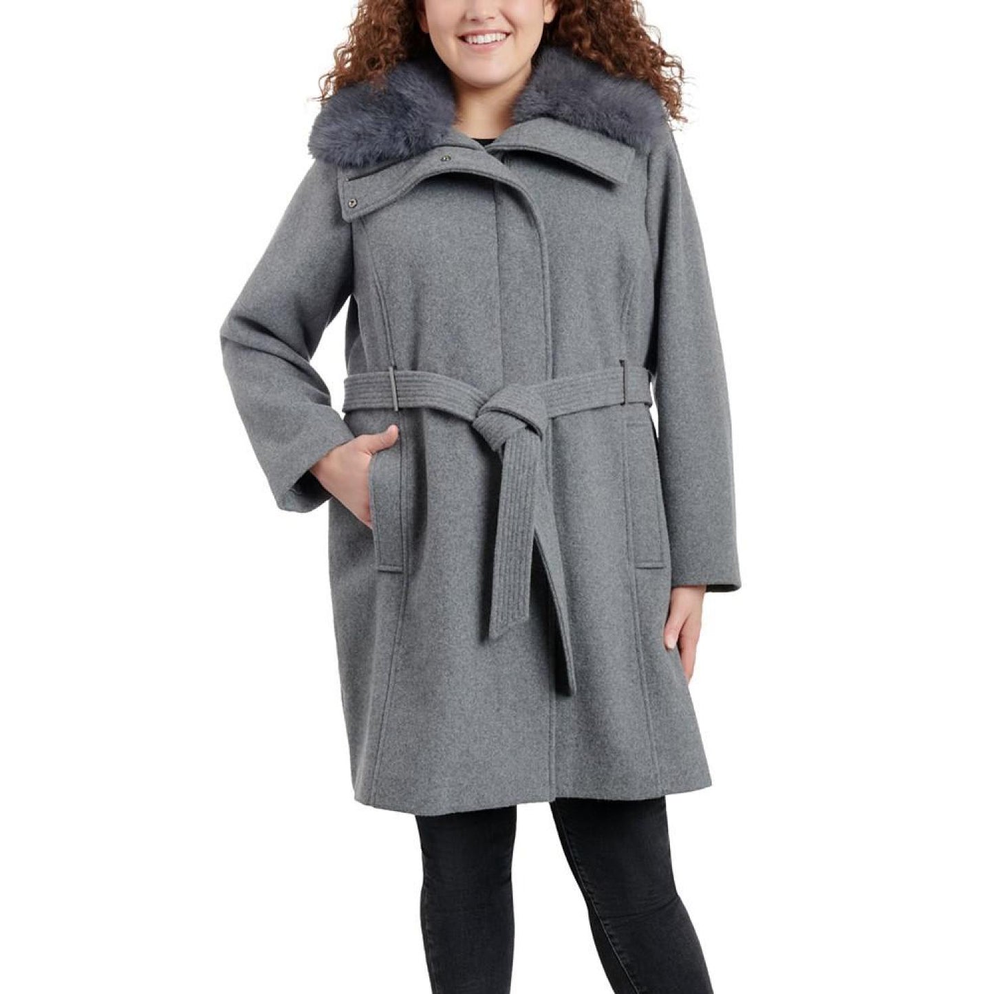 Women's Plus Size Belted Faux-Fur-Collar Coat