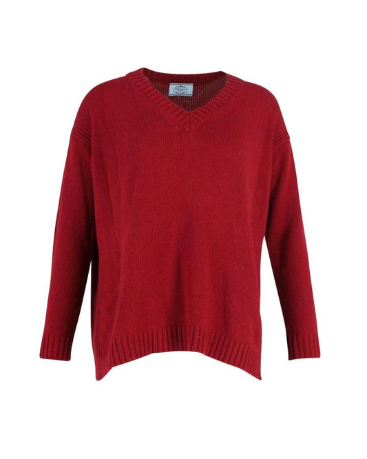 Prada Elbow Patch V-neck Sweater in Burgundy Wool