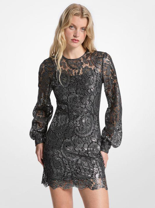 Metallic Paisley Lace Mini Dress
