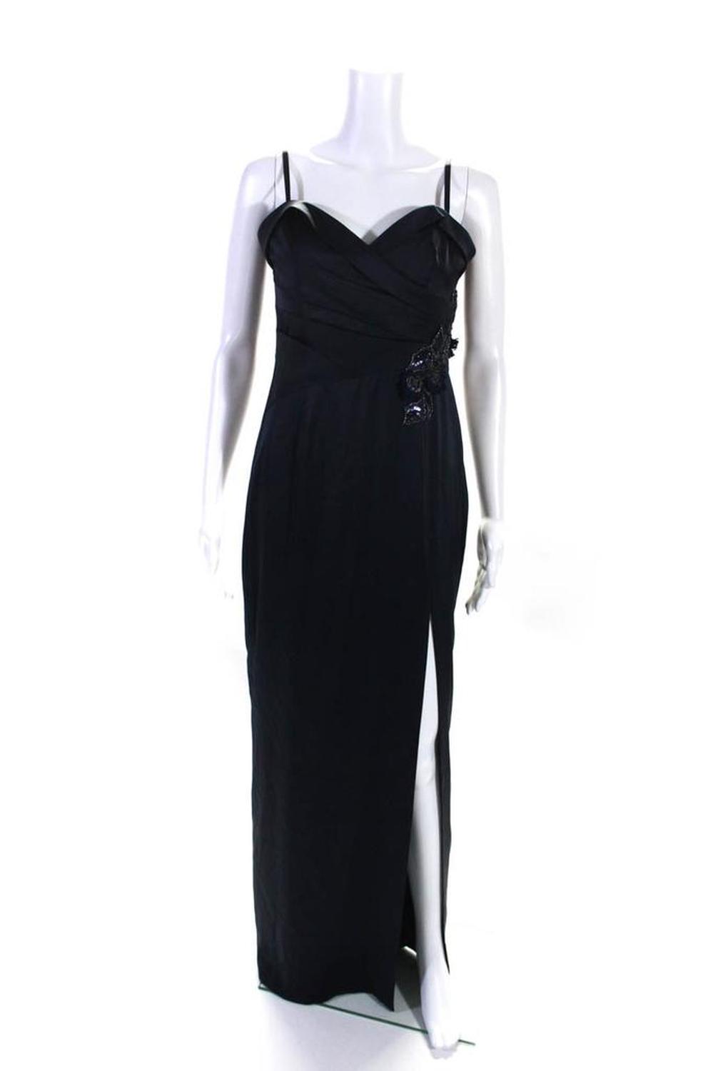 Marchesa Notte Womens Back Zip Side Slit Satin Embellished Gown Navy