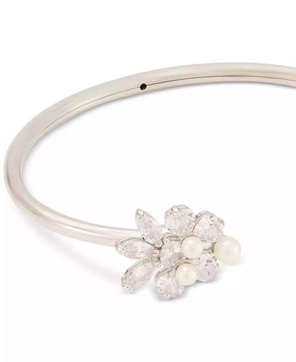 Silver-Tone Cubic Zirconia & Imitation Pearl Flower Flex Cuff Bracelet