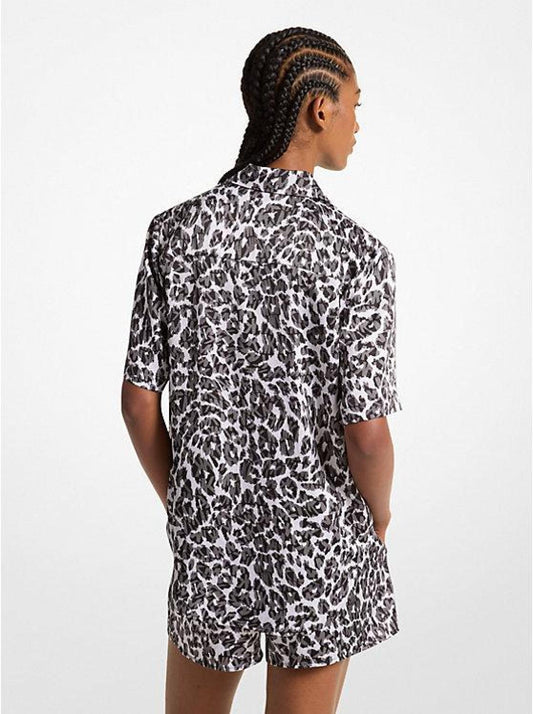 Leopard Logo Print Satin Camp Shirt