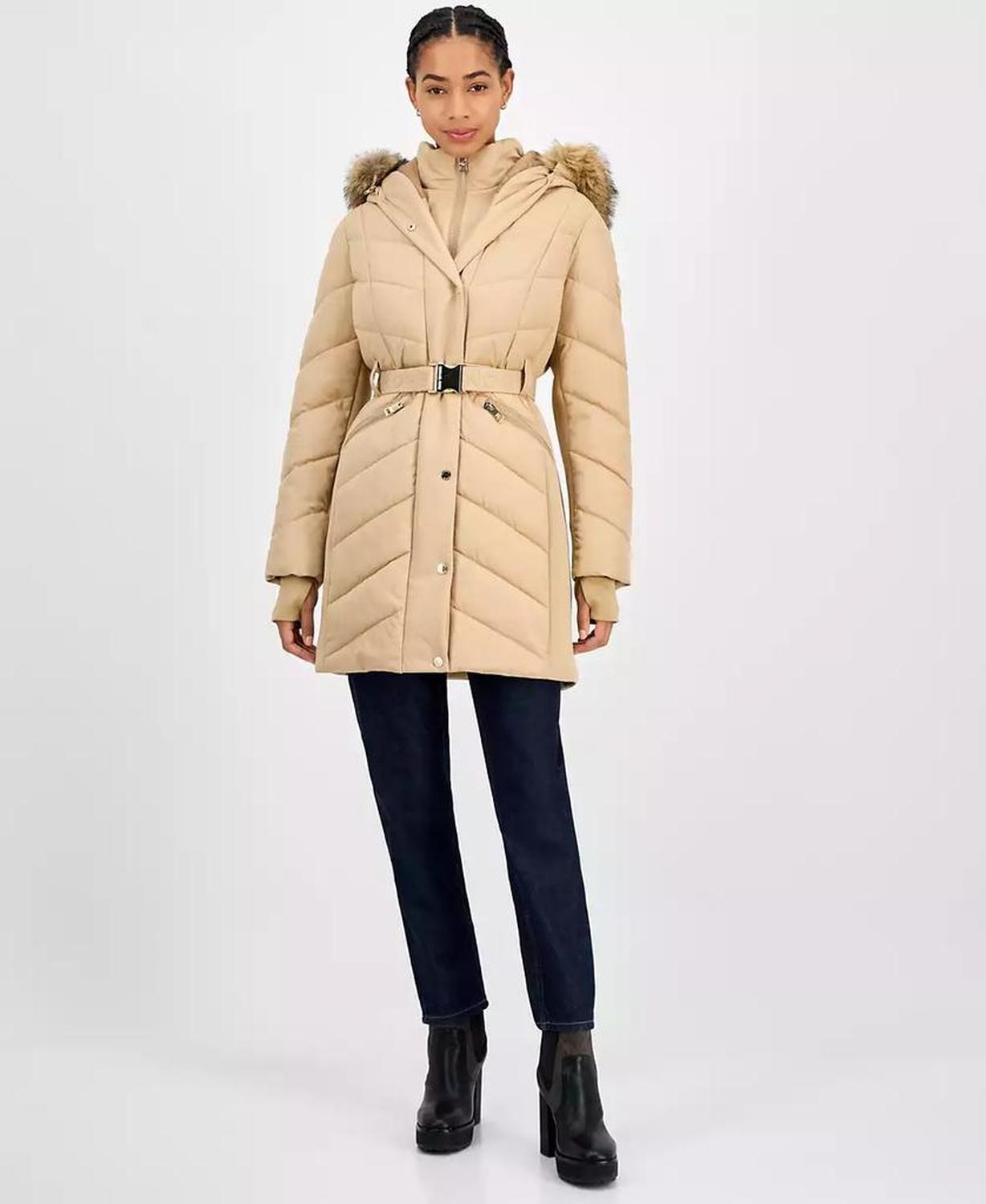 Women's Faux-Fur-Trim Hooded Belted Puffer Coat