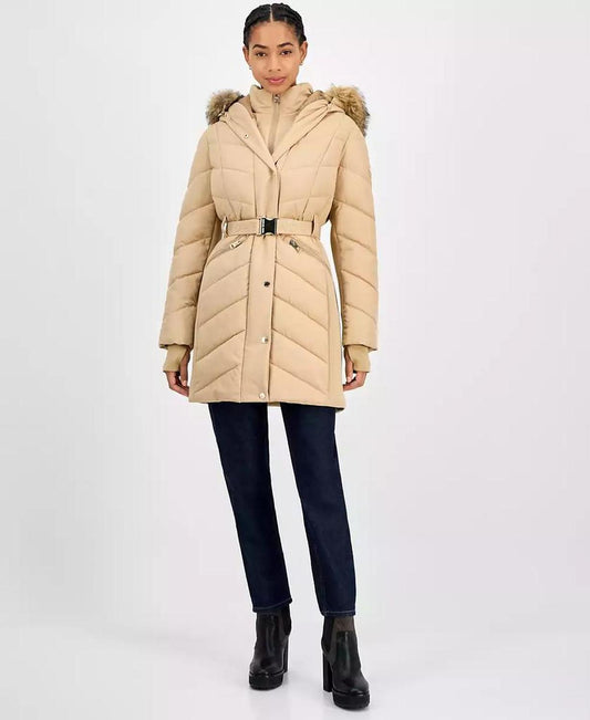 Women's Faux-Fur-Trim Hooded Belted Puffer Coat