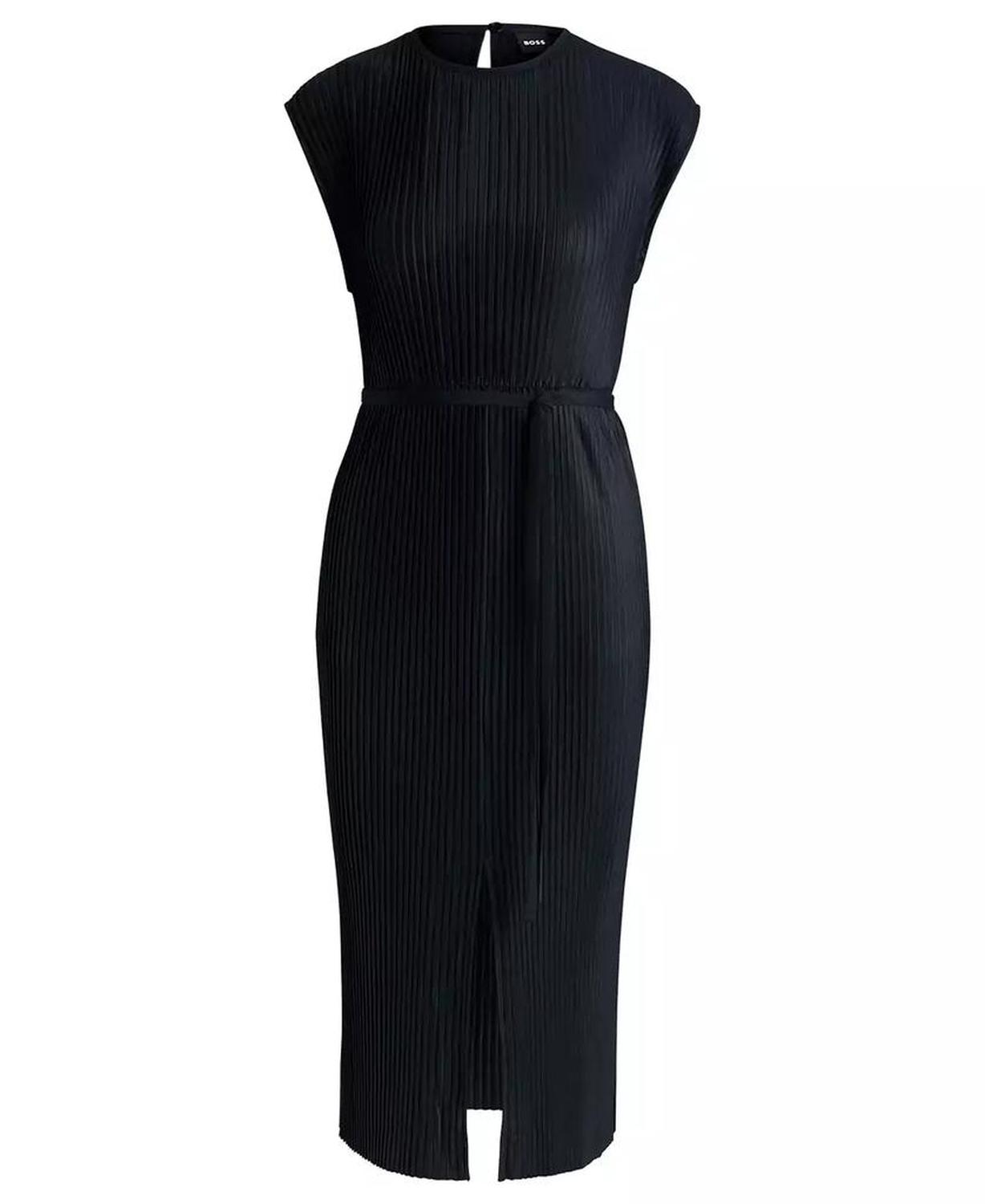 Women's High-Shine Plissé Belted Sleeveless Dress