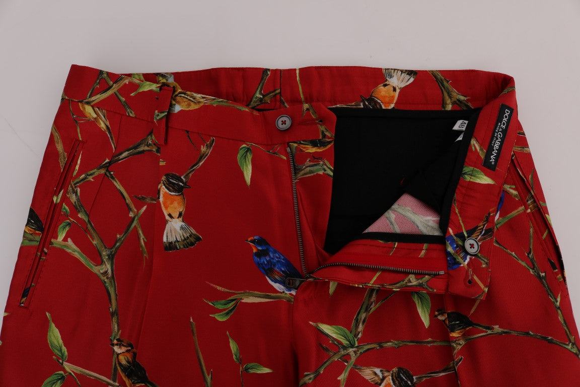 Dolce & Gabbana Elegant Silk Dress Trousers in Red Bird Print