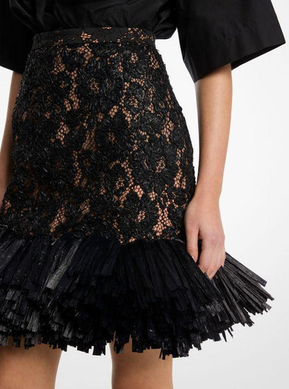 Hand-Embroidered Floral Lace and Fringe Skirt