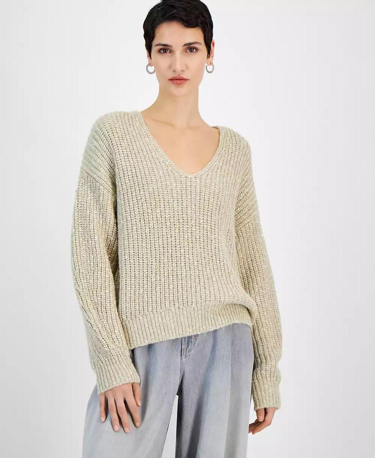 Women's Metallic V-Neck Drop-Shoulder Sweater