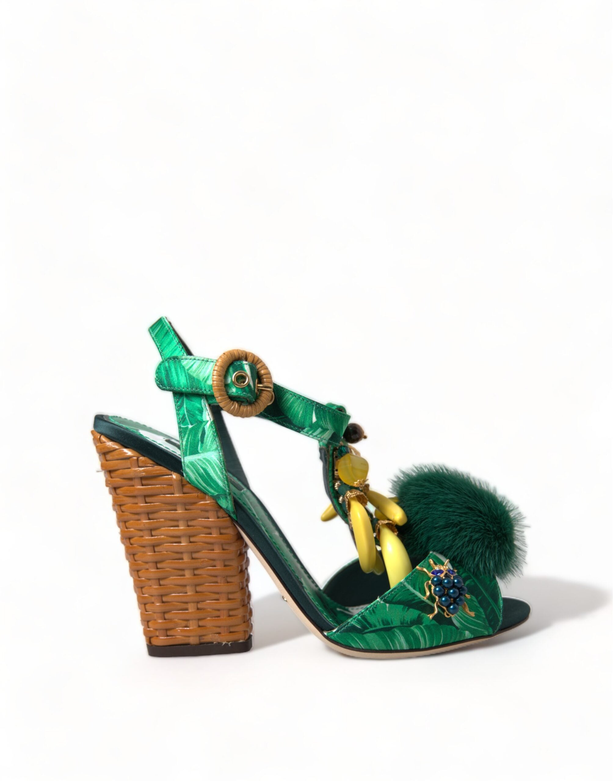 Dolce Gabbana Green Crystal Mink Fur T-Strap Sandals