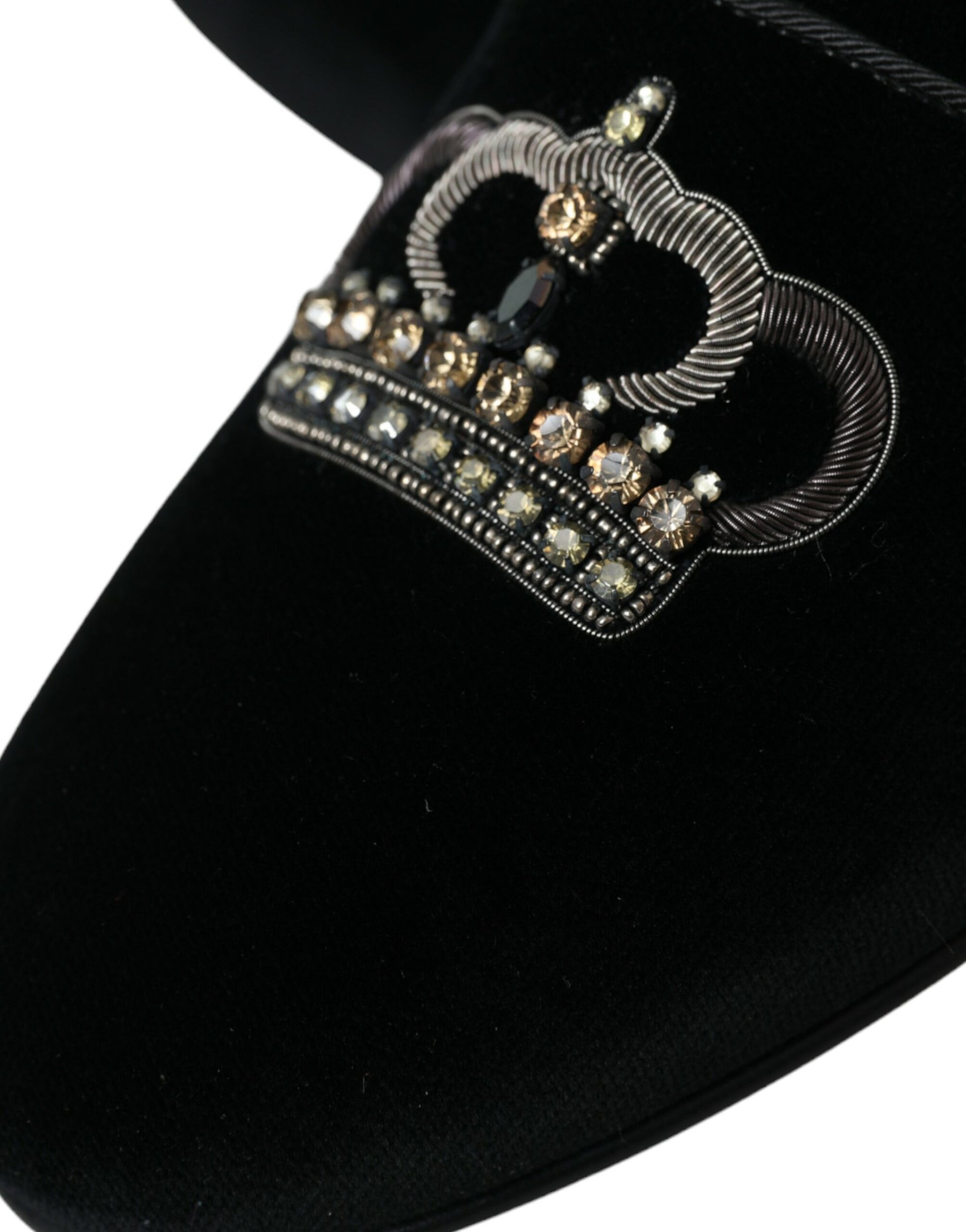 Dolce Gabbana Black Velvet Crystal Crown Men Loafers Shoes