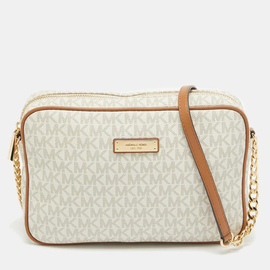 Michael Kors Off White/brown Signature Coated Canvas And Leather East/west Crossbody Bag