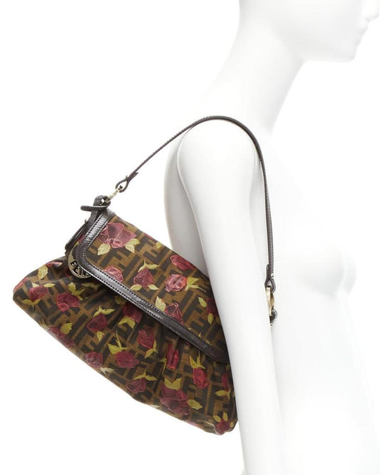 FENDI Chef red rose print brown FF Zucca canvas leather shoulder bag