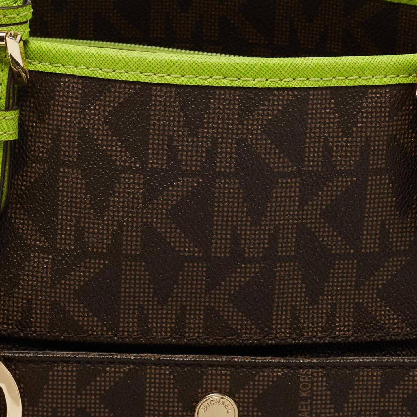 Michael Kors Brown/green Signature Coated Canvas And Leather Medium Snap Pocket Tote