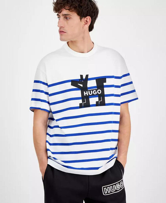 Men's Relaxed Fit Short Sleeve Striped Crewneck Logo T-Shirt