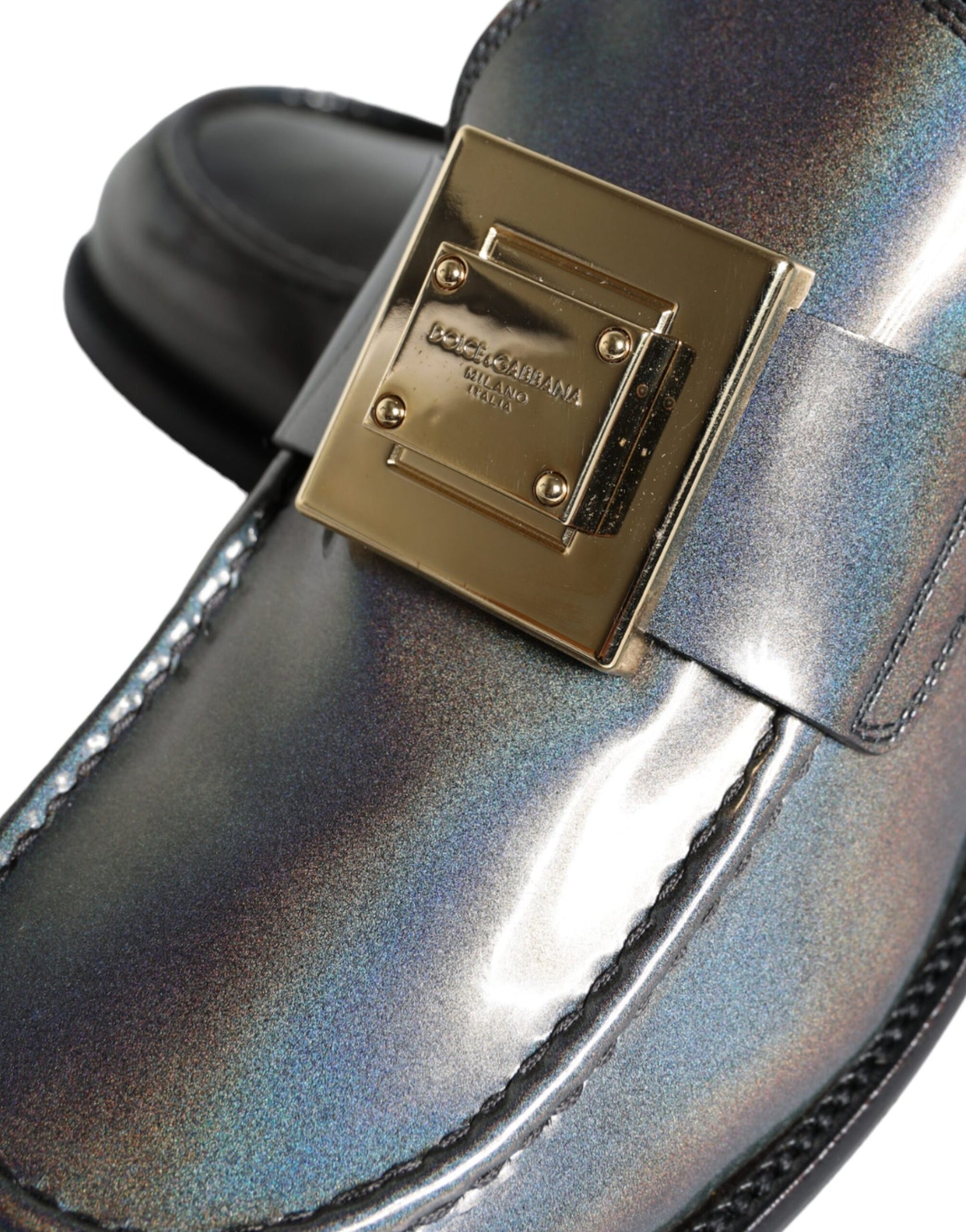 Dolce & Gabbana Silver Leather Logo Plaque Slip On Men Loafers Shoes