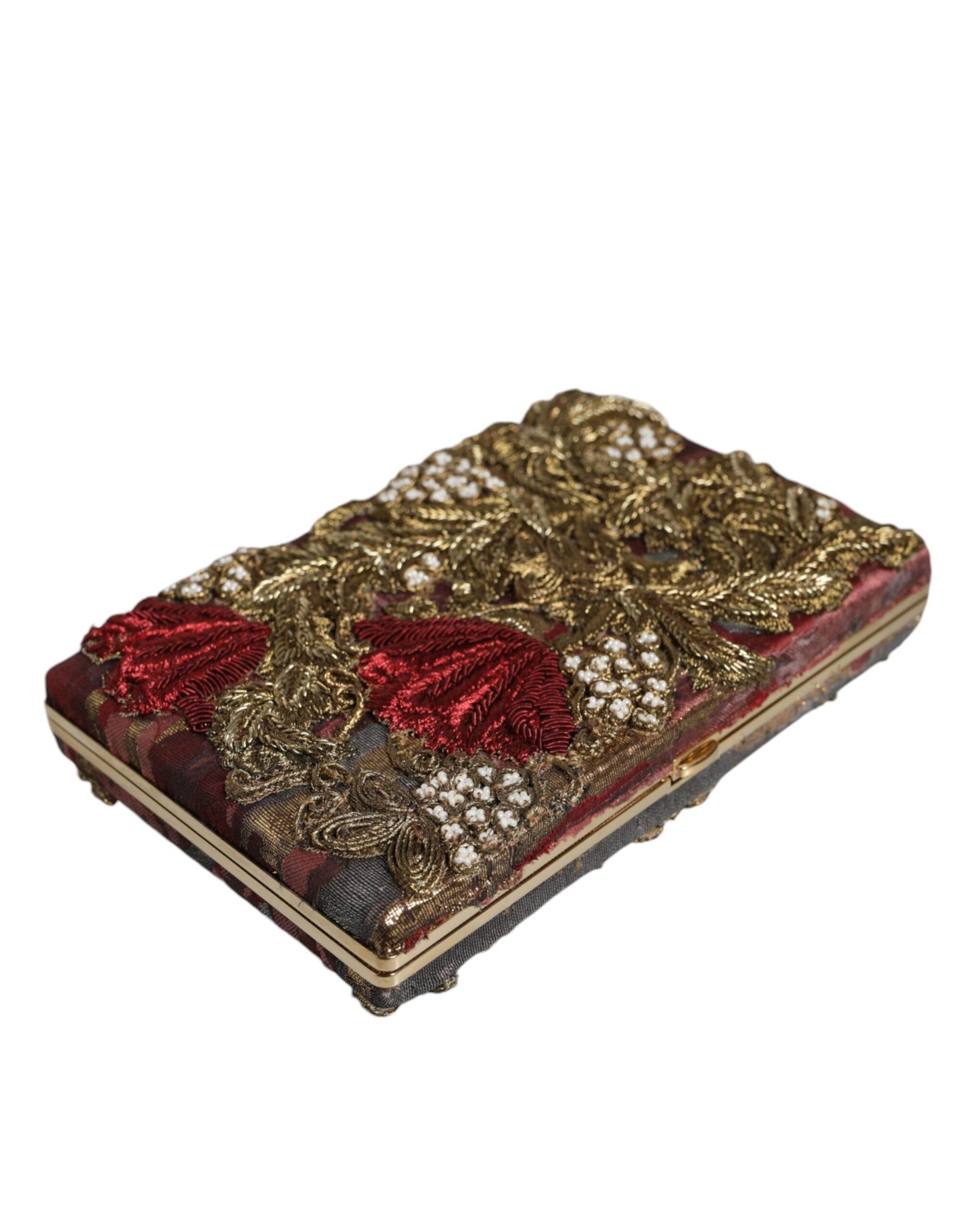 Dolce & Gabbana Maroon Gold Floral Jacquard Gold Frame Clutch Evening Purse Bag