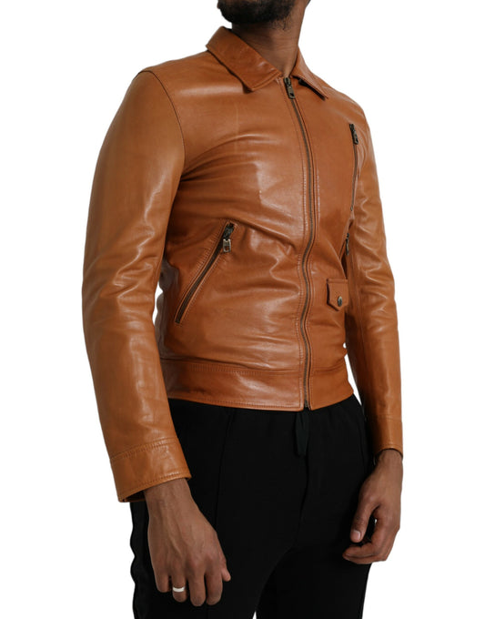 Dolce & Gabbana Brown Lamb Leather Full Zip Blouson Jacket