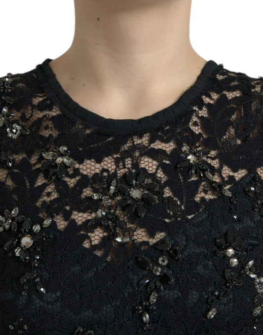 Dolce & Gabbana Exquisite Black Floral Lace Crystal Sheath Dress