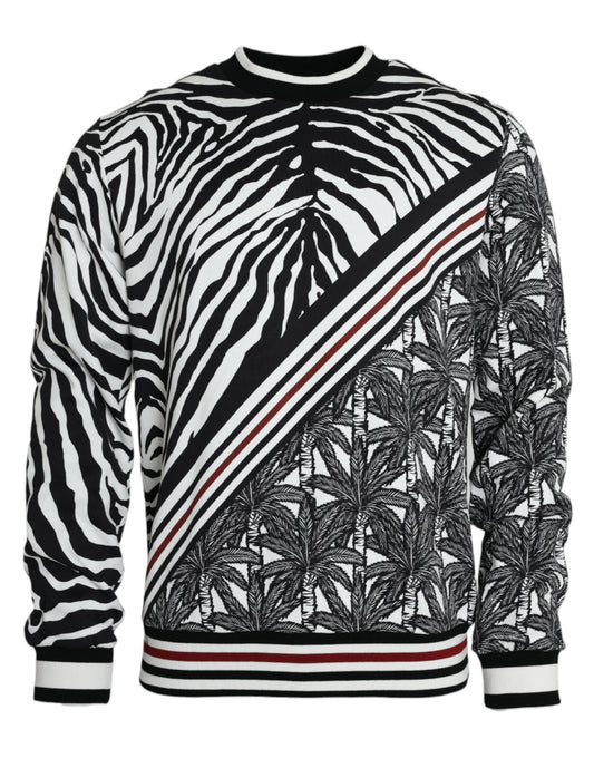 Dolce & Gabbana Black White Cotton Zebra Tree Crew Neck Sweater