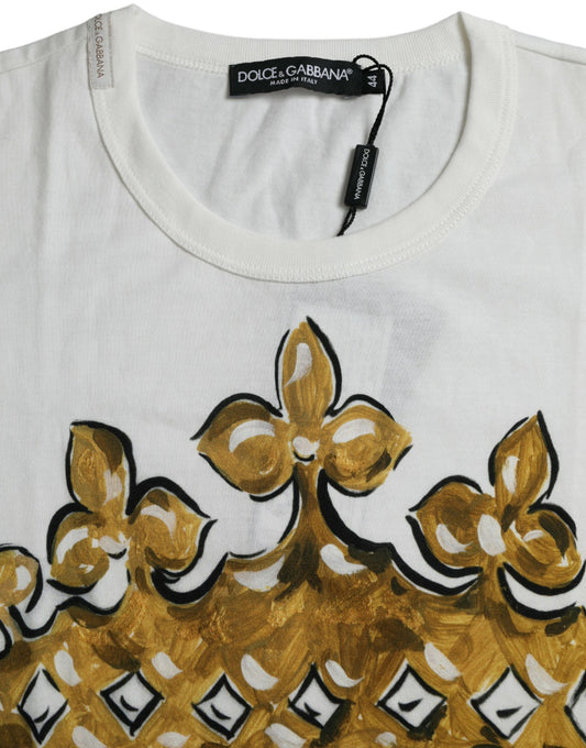 Dolce & Gabbana White Gold Crown Print Cotton Crew Neck T-shirt
