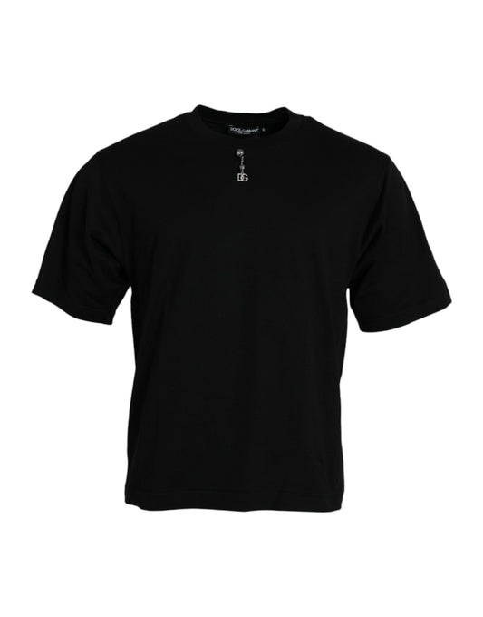 Dolce & Gabbana Black Embellished Cotton Crew Neck T-shirt