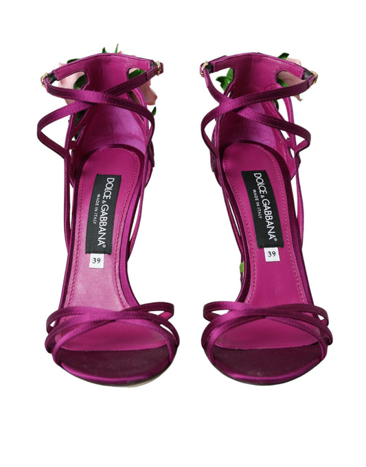 Dolce & Gabbana Purple Flower Satin Heels Sandals Shoes