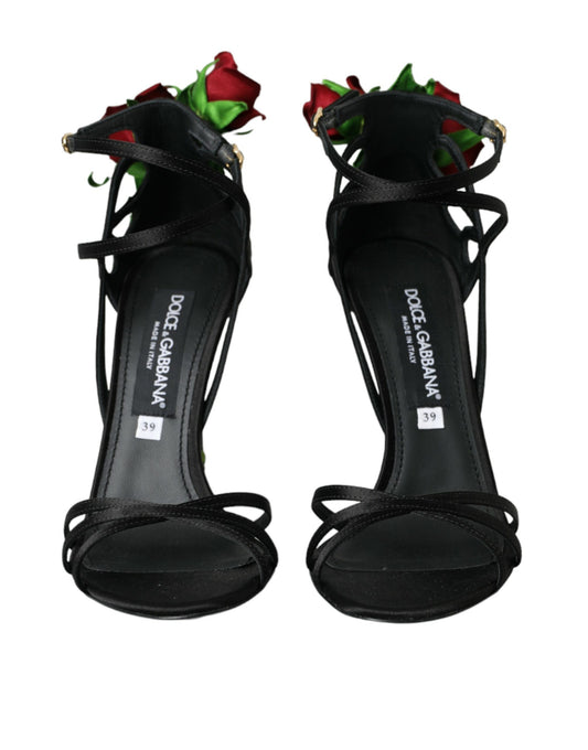 Dolce & Gabbana Black Flower Satin Heels Sandals Shoes