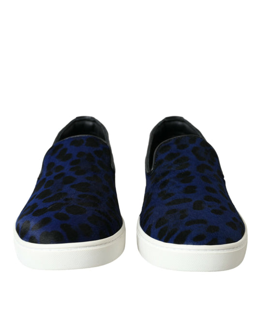 Dolce & Gabbana Blue Calfskin Hair Leopard Sneakers Shoes