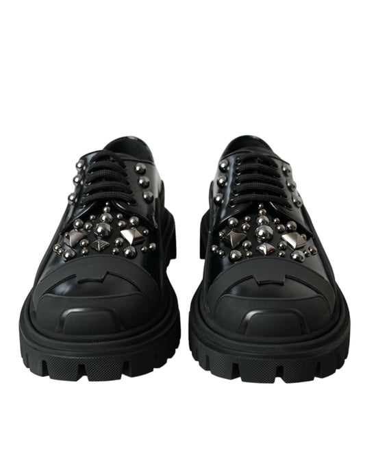 Dolce & Gabbana Black Leather Studded Trekking Sneakers Shoes