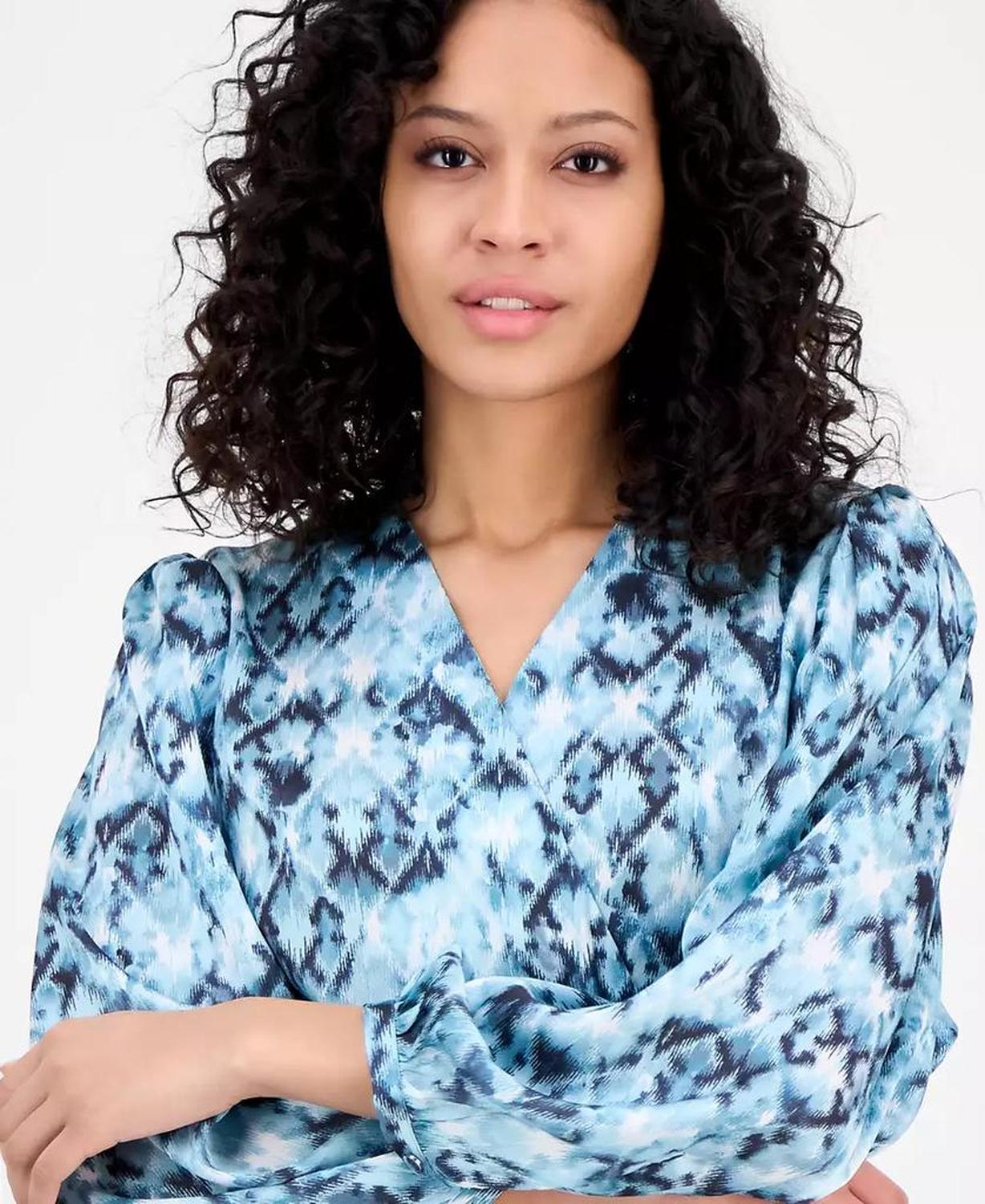 Women's Printed Blouson-Sleeve Midi Dress