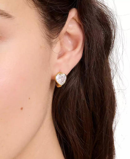 Gold-Tone Small Cubic Zirconia Heart Huggie Hoop Earrings, 0.51"