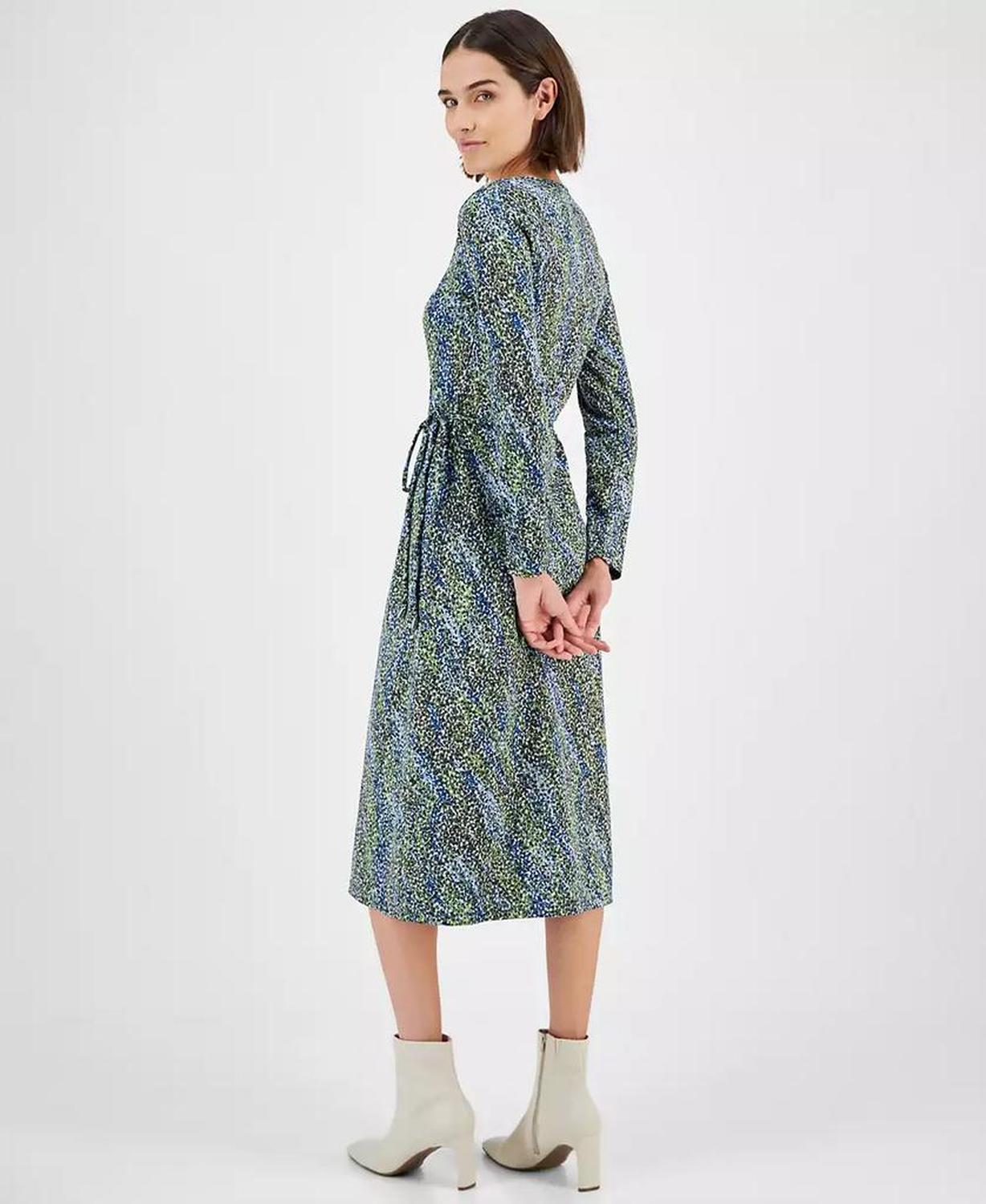 Women's Printed Long-Sleeve Midi Wrap Dress