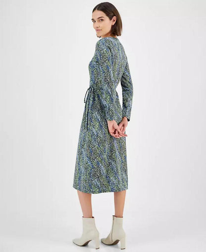 Women's Printed Long-Sleeve Midi Wrap Dress