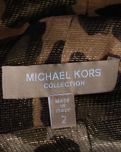 Michael Kors Leopard Print Off-Shoulder Top in Metallic Brown/Gold Silk