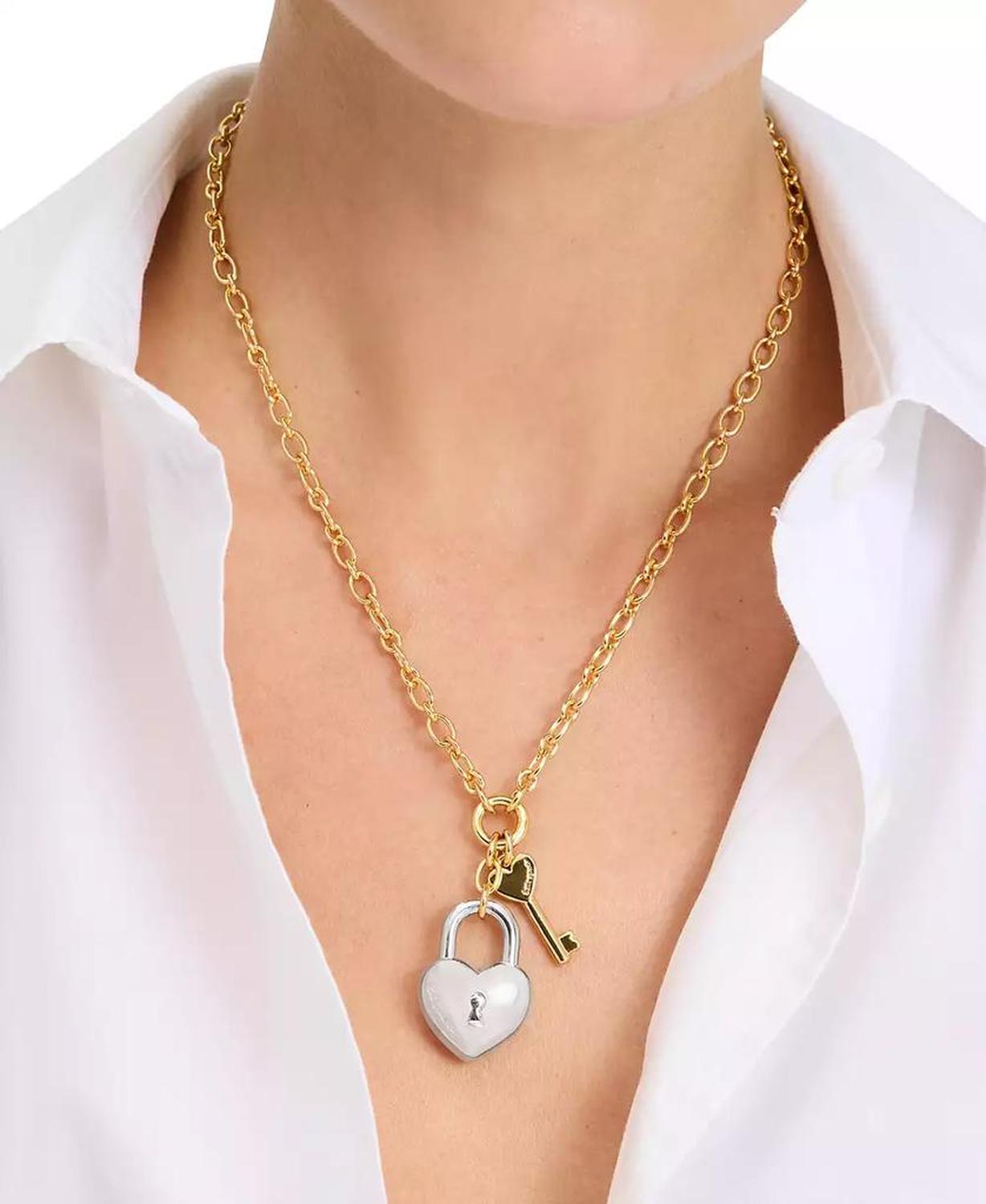 Two-Tone Heart Lock & Key Statement Pendant Necklace, 16" + 3" extender