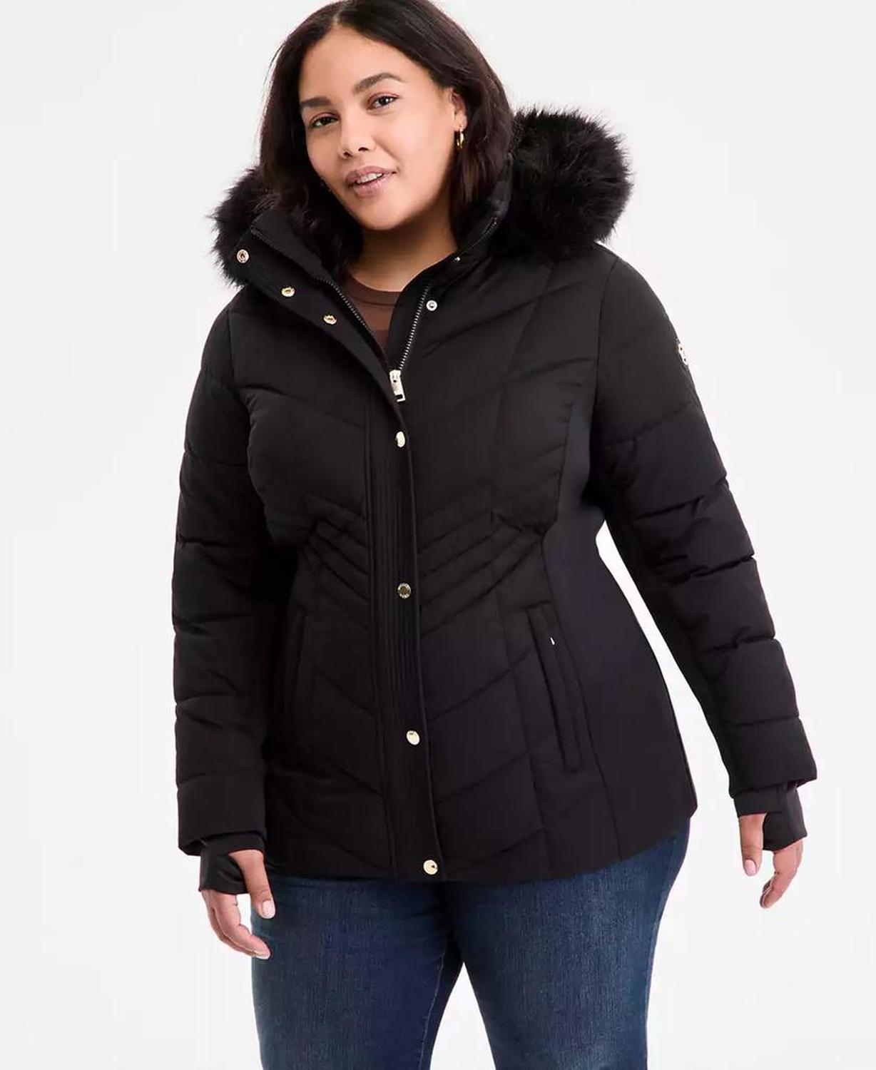 Plus Size Faux-Fur-Trim Hooded Puffer Coat, Exclusively at Macy's