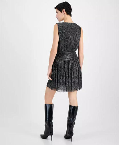 Women's Metallic Pleated V-Neck Mini Dress