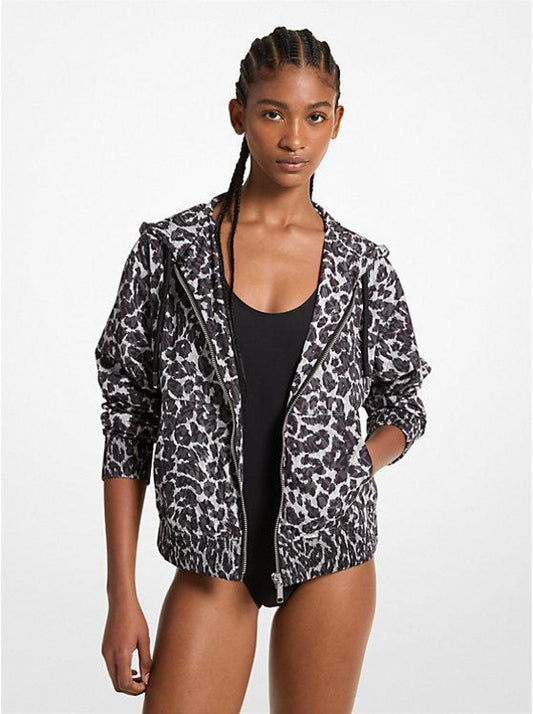 Leopard Logo Print Woven Zip-Up Hoodie