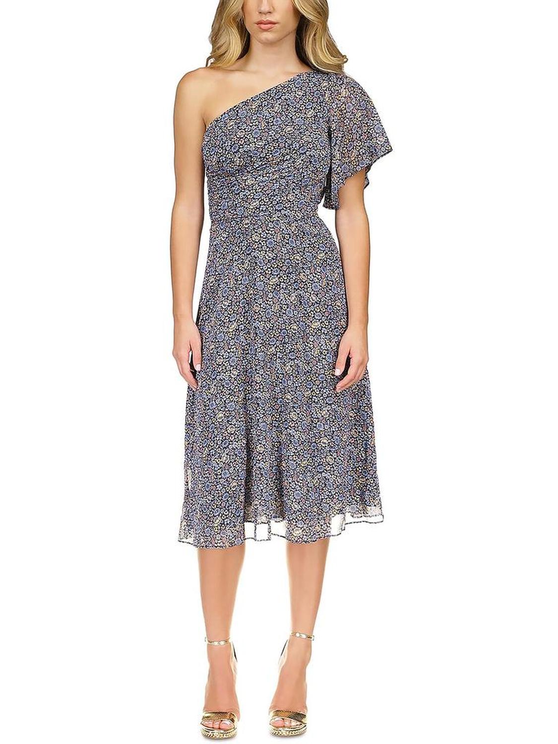 Womens Floral One Shoulder Midi Dress