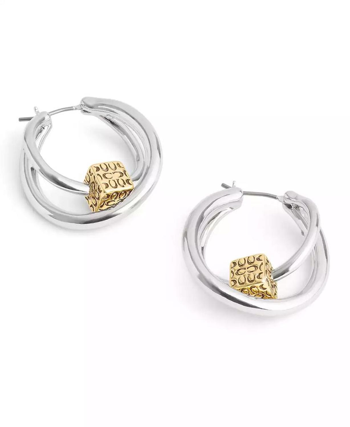 Two-Tone Signature Quilted Cube Double Hoop Earrings