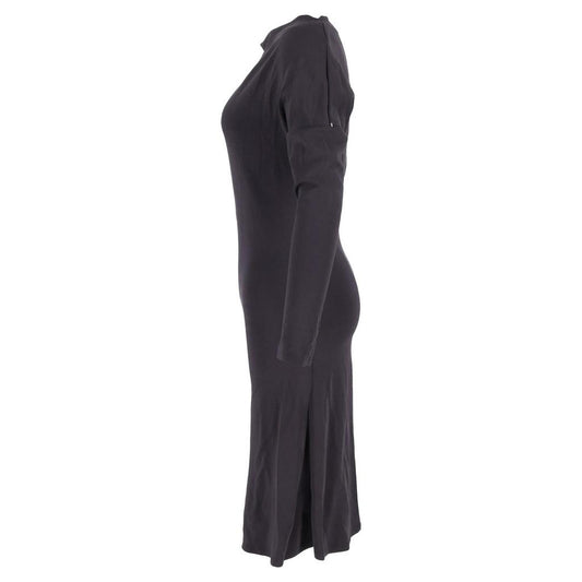 Boat Neck Midi  Long Sleeve Dress in Black Cotton