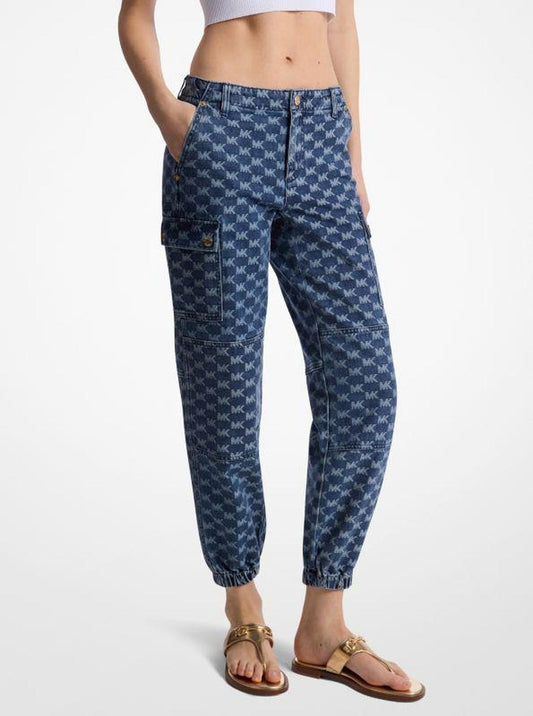 Logo Jacquard Denim Cargo Pants