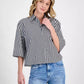 Women's Striped Cotton Elbow-Sleeve Button-Front Shirt