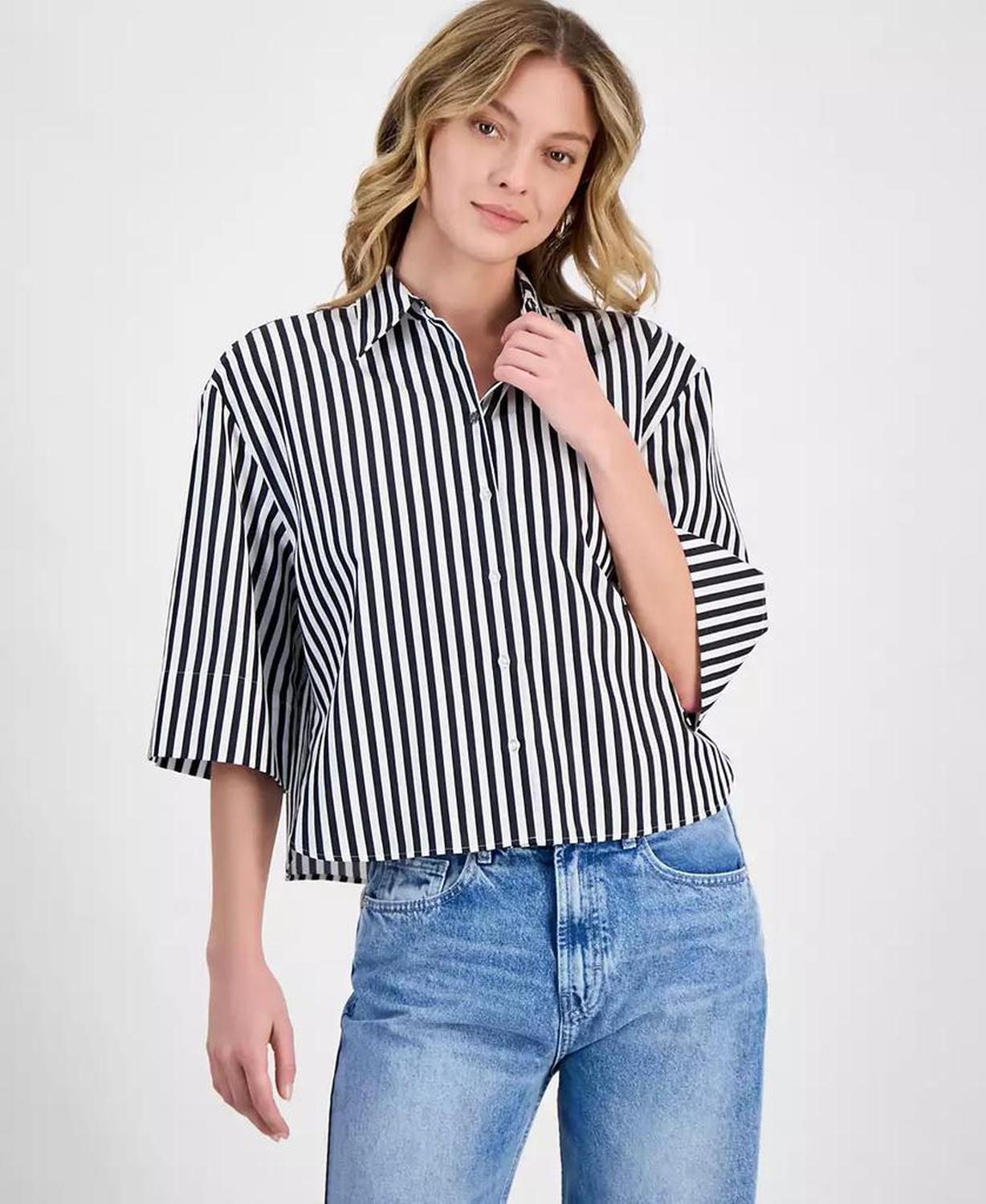 Women's Striped Cotton Elbow-Sleeve Button-Front Shirt
