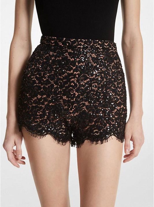 Hand-Embroidered Sequin Floral Lace Shorts